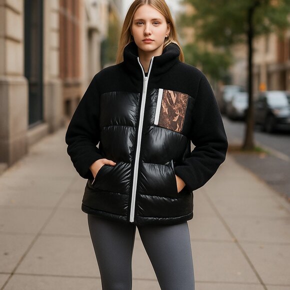 NWT Marc New York Performance FAUX SHERPA MIXED MEDIA PUFFER Jacket Black - Picture 1 of 11